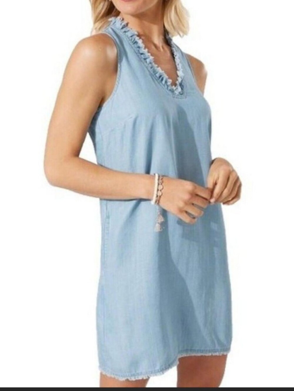 Tommy Bahama Chambray Denim Ruffle Shift Dress Size Small Petite Tropical
